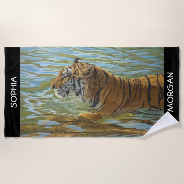Swimming Tiger Art, Personalise Names, Black Beach Towel (Front)