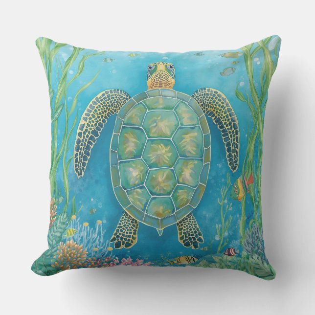 Swimming Tropical Sea Turtle Cushion (Front)