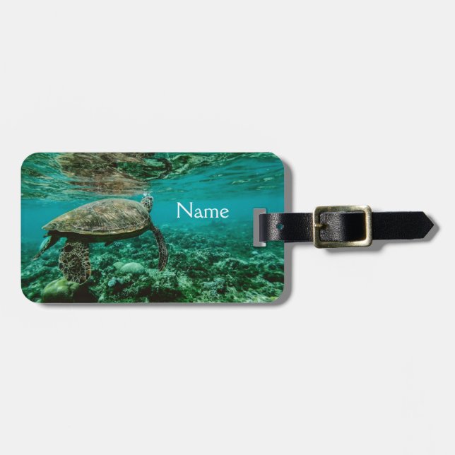 Swimming Turtle on Luggage Tag with Leather Strap (Front Horizontal)