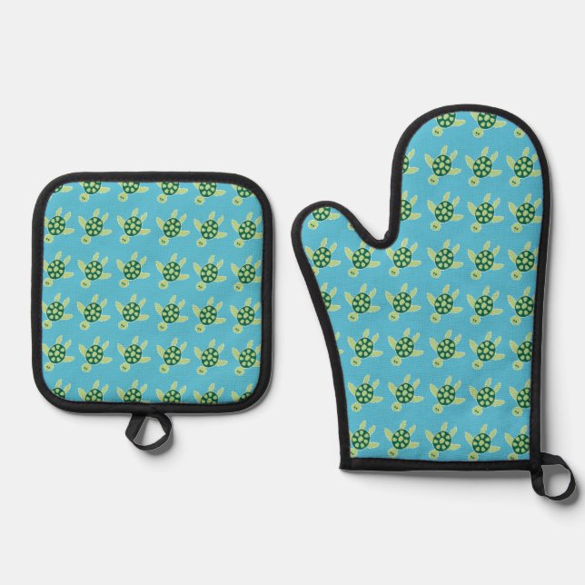 Swimming Turtles Cute Pattern Oven Mitt & Pot Holder Set (Front)