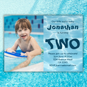 Swimming water baby photo 2nd birthday party invitation