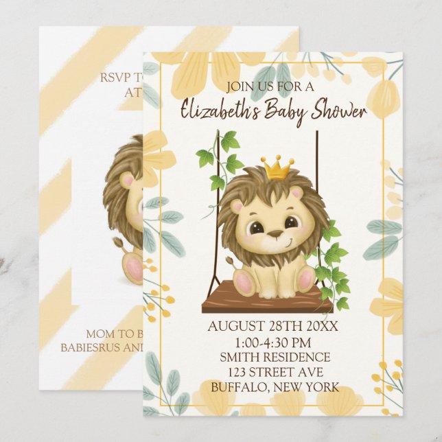 Swing Flora Prince Lion Boy Baby Shower Invitation (Front/Back)