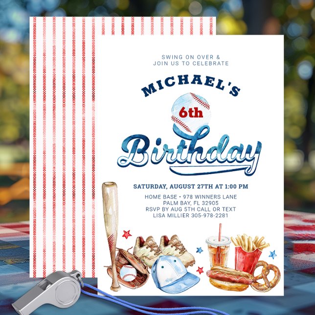 Swing On Over Baseball Birthday Party Invitation (Watercolor Baseball Birthday Party Invitation)