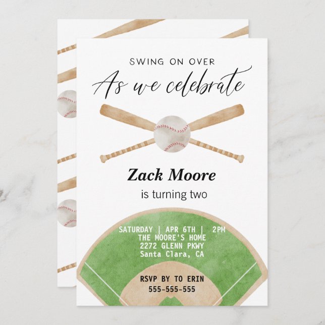 Swing on over baseball boy birthday invitation (Front/Back)