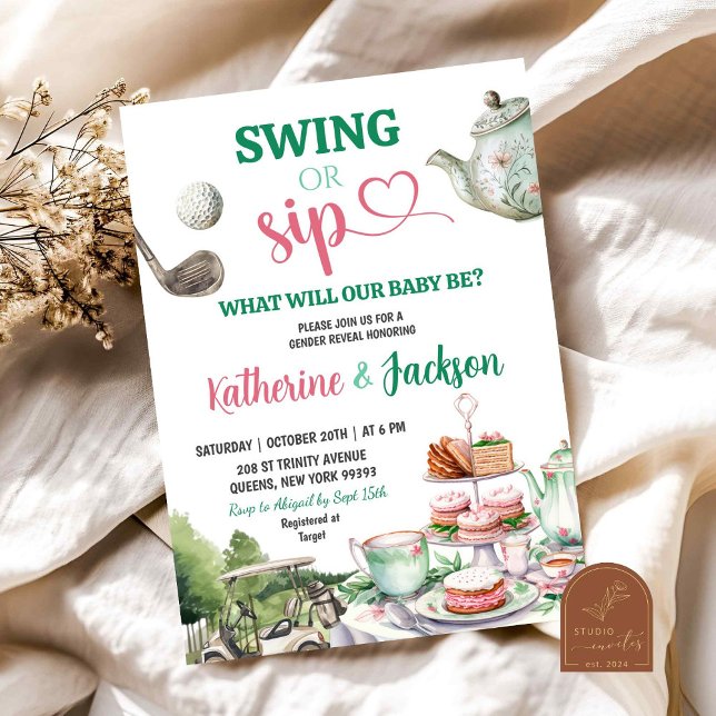 Swing or Sip Par-Tea Golf Baby Gender Reveal Invitation (Creator Uploaded)