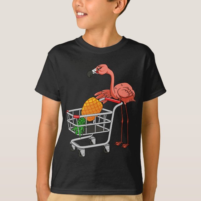 Swinging Flamingo Pushing Shopping Cart with Pinea T-Shirt (Front)