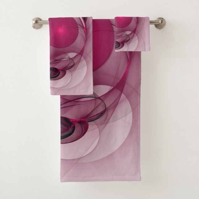Swinging Fractal, Modern Abstract Berry Pink Art Bath Towel Set (Insitu)