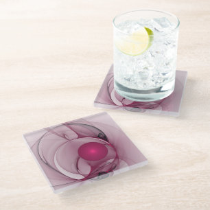 Swinging Fractal, Modern Abstract Berry Pink Art Glass Coaster