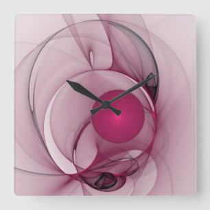 Swinging Fractal, Modern Abstract Berry Pink Art Square Wall Clock