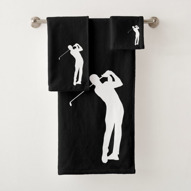 Swinging Golfer Silhouette Black Bath Towel Set (Insitu)