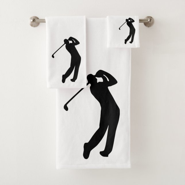 Swinging Golfer Silhouette Black White Bath Towel Set (Insitu)