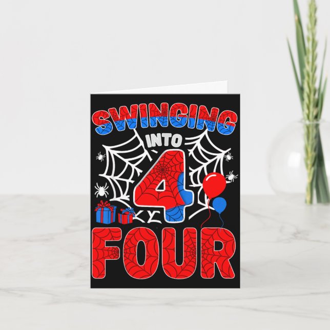 Swinging into 4 year old boy funny 4th spider card (Front)