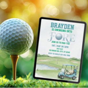 Swinging Into Fore, Blue Golf 4th Birthday Invitation