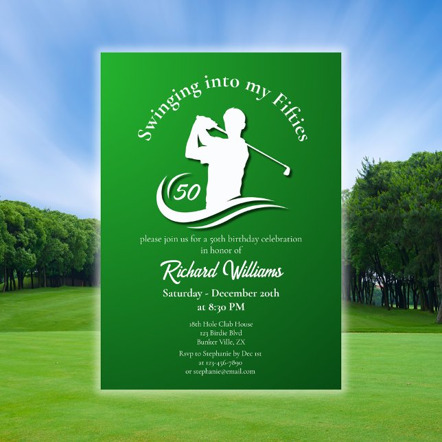 Swinging into My Fifties Modern Golf Player Party Invitation (Creator Uploaded)