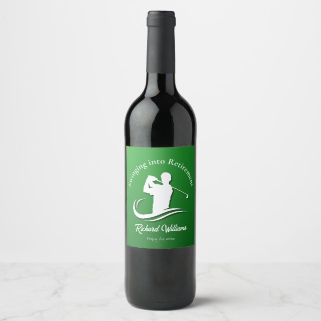 Swinging into Retirement Modern Golf Player Party Wine Label (Front)
