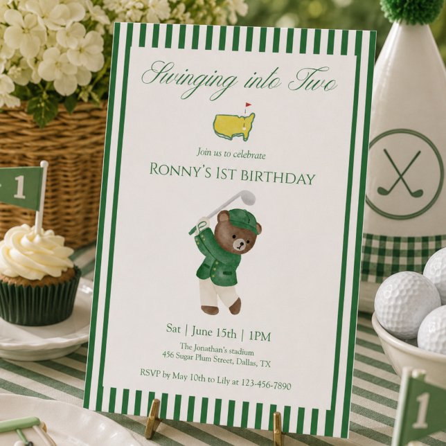 Swinging Into Two Golf 2nd Birthday Teddy Bear Invitation (Creator Uploaded)