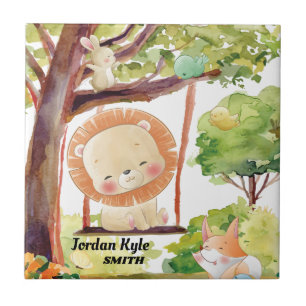 Swinging Lion, Fox, Bunny and Birds Blush Nature Ceramic Tile