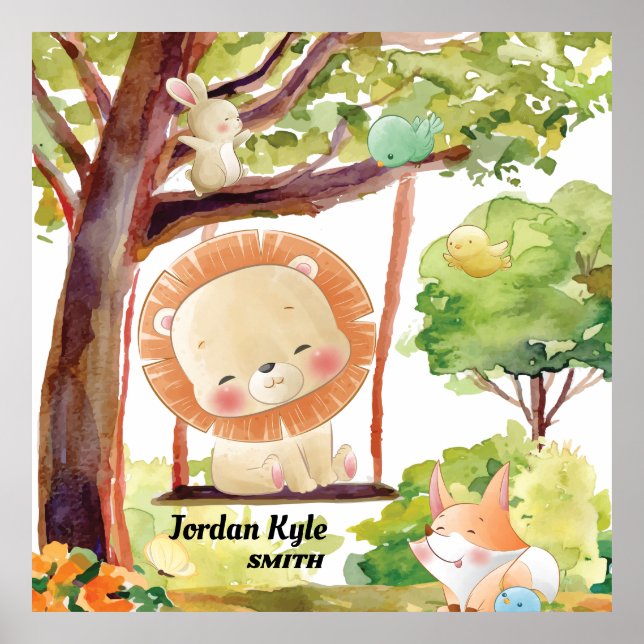 Swinging Lion, Fox, Bunny and Birds Blush Poster (Front)