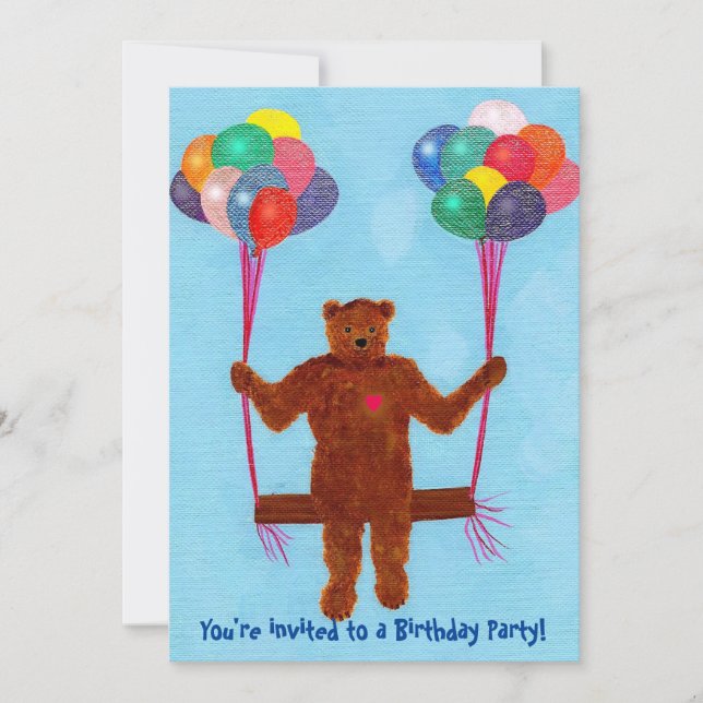 Swinging Teddy Bear Balloon Swing Birthday Invites (Front)