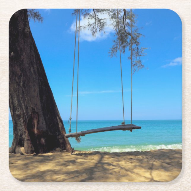 Swings & Tree on the Sand Square Paper Coaster (Front)