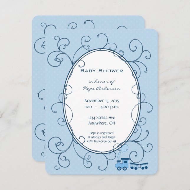 Swirl Baby Boy Blue Dot Train Shower Announcement (Front/Back)