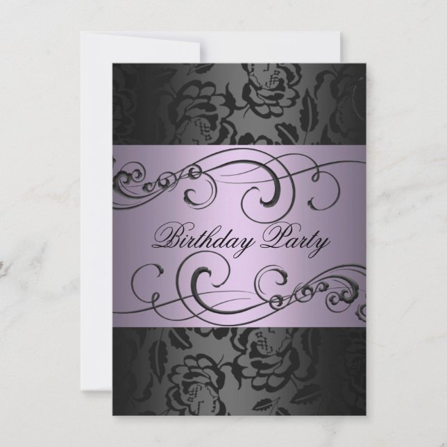 Swirl Black & Purple Rose Birthday Invitation (Front)