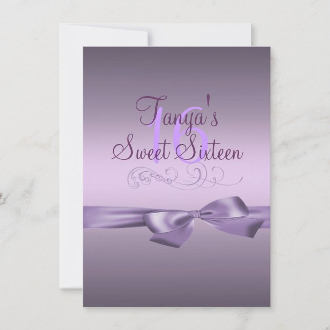 Swirl & Bow Purple Birthday Invite (Front)