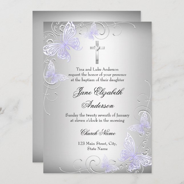 Swirl Butterfly & Cross Purple Baptism Invite (Front/Back)