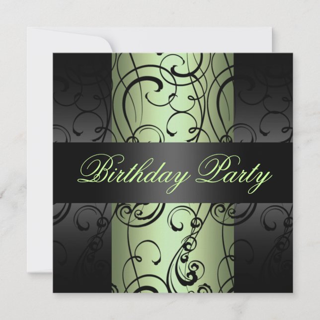 Swirl Elegant Green/Black Design Birthday Invite (Front)