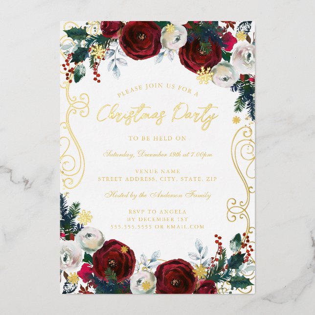 Swirl Floral Red Gold Green Christmas Party (Front)