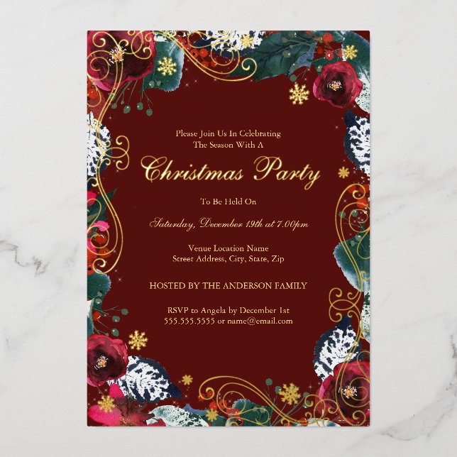 Swirl Floral Red Green Gold Christmas Party  (Front)
