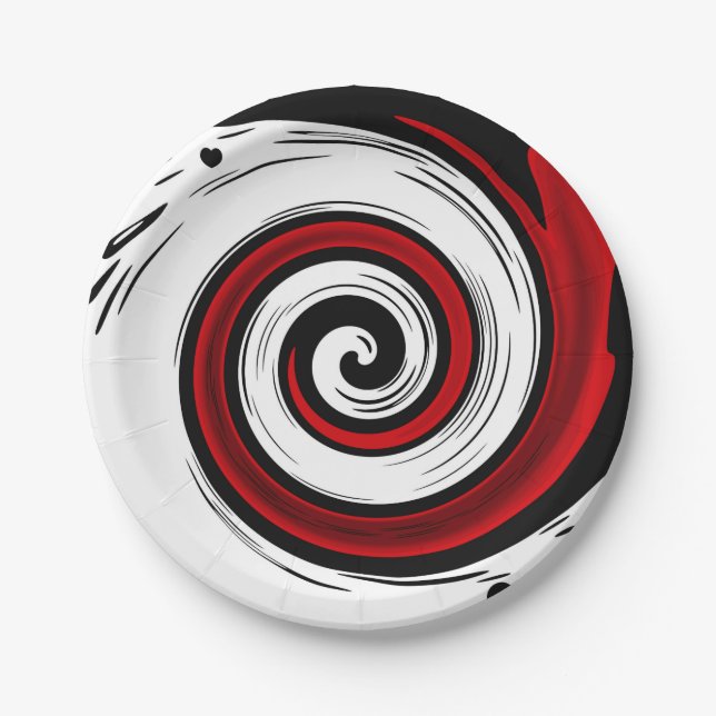 Swirl liquid circle modern black red white colours paper plate (Front)