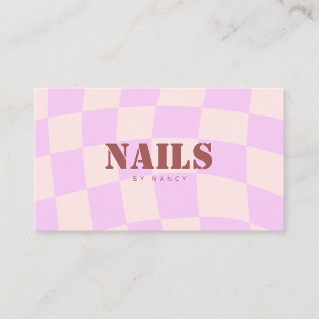 Swirl Pink Retro Chequerboard Nail Salon Business Card (Front)