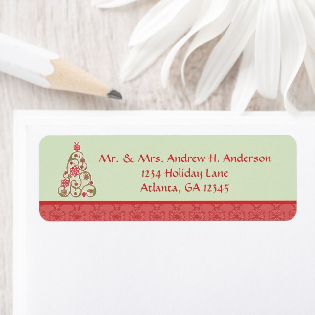 Swirl Red & Green Christmas Tree Return Address Label (Insitu)