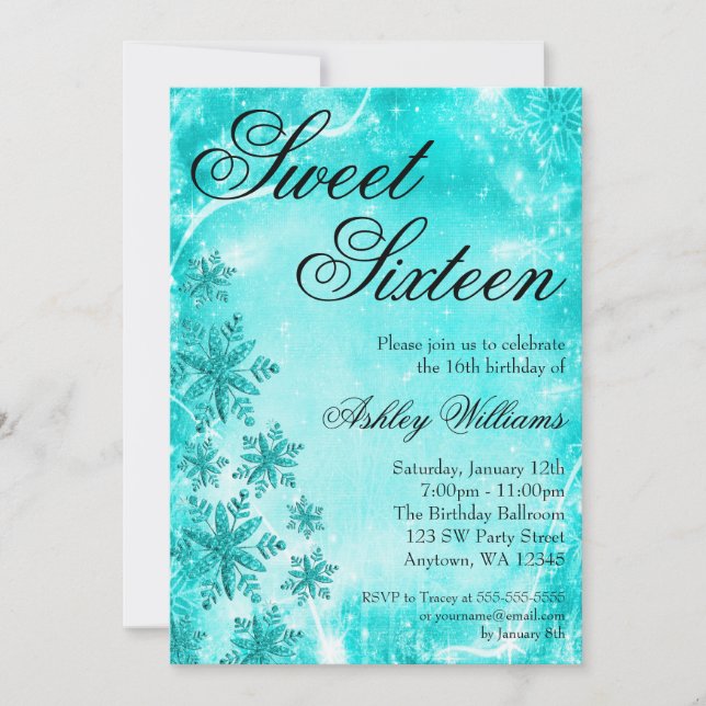 Swirl Snowflakes Teal Sweet 16 Winter Wonderland Invitation (Front)
