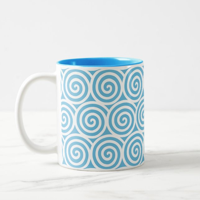 Swirl Spiral Circles on Turquoise & White Two-Tone Coffee Mug (Left)