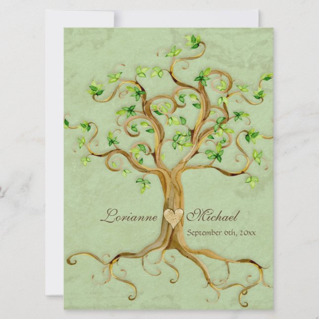 Swirl Tree Roots Antiqued Green Parchment Wedding Invitation (Front)