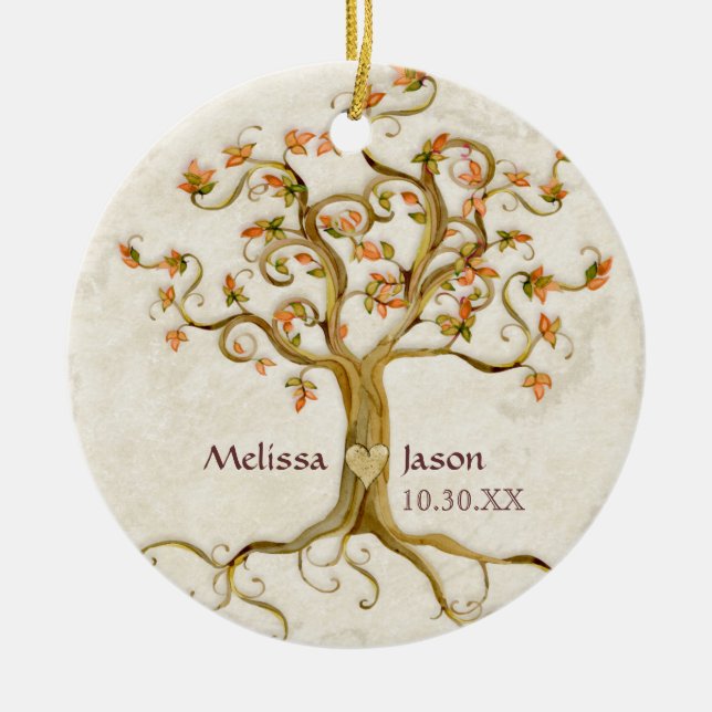 Swirl Tree Roots Antiqued Personalised Names Heart Ceramic Tree Decoration (Front)