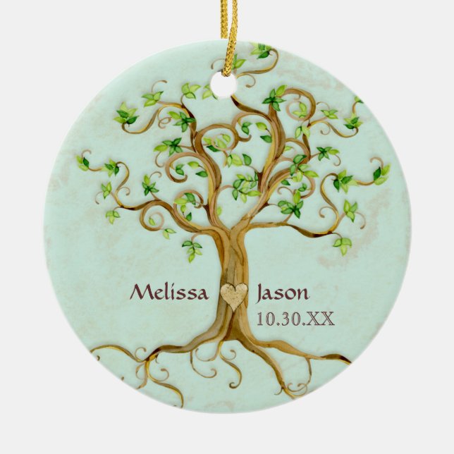 Swirl Tree Roots Antiqued Personalised Names Heart Ceramic Tree Decoration (Front)