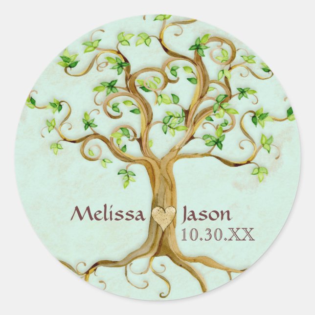 Swirl Tree Roots Antiqued Personalised Names Heart Classic Round Sticker (Front)