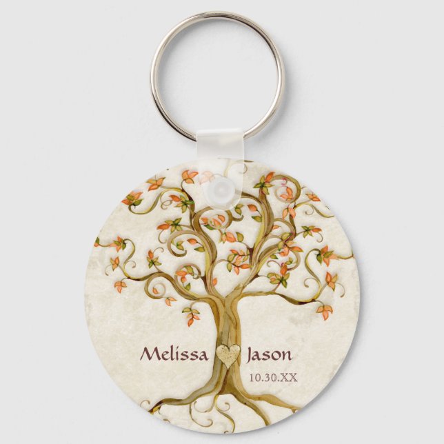 Swirl Tree Roots Antiqued Personalised Names Heart Key Ring (Front)