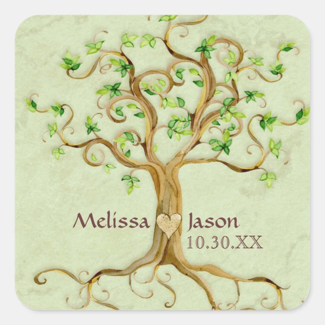 Swirl Tree Roots Antiqued Personalised Names Heart Square Sticker (Front)
