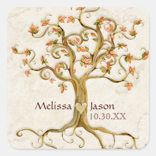 Swirl Tree Roots Antiqued Personalised Names Heart Square Sticker (Front)