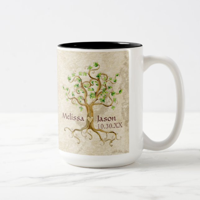 Swirl Tree Roots Antiqued Personalised Names Heart Two-Tone Coffee Mug (Right)