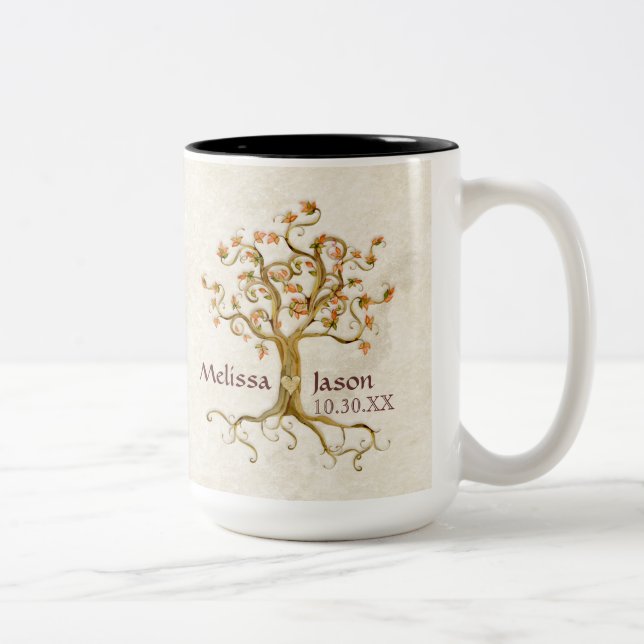 Swirl Tree Roots Antiqued Personalised Names Heart Two-Tone Coffee Mug (Right)