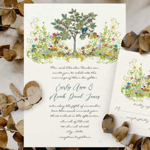 Swirled Flower Love Birds Tree Wedding Invitation