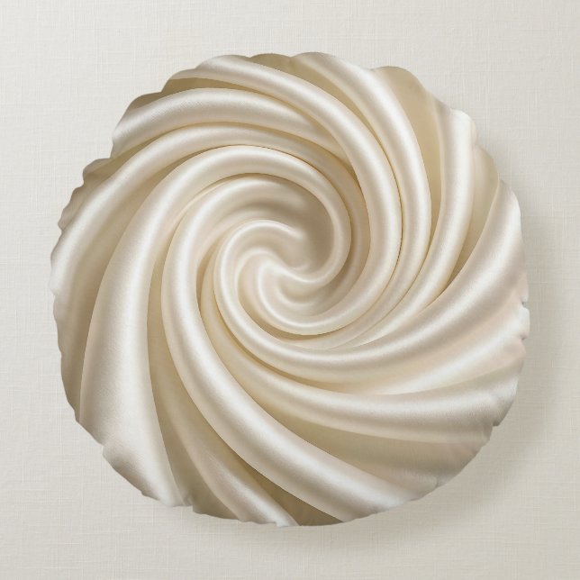 Swirled Ivory Satin Fabric Abstract Round Cushion (Front)