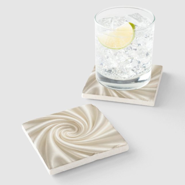 Swirled Ivory Satin Fabric Abstract Stone Coaster (Side)