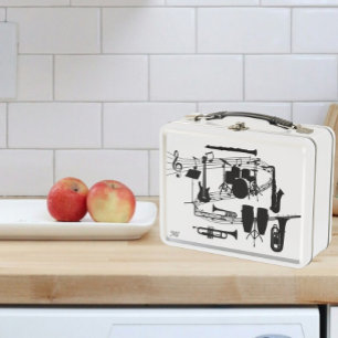 Swirled Music Staff and Musical Instruments Metal Lunch Box