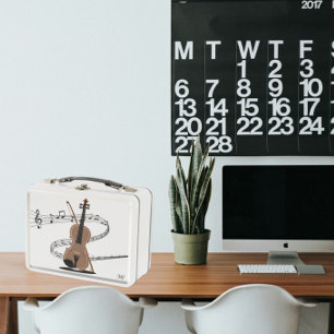 Swirled Music Staff and Violin Drawing   Initials Metal Lunch Box